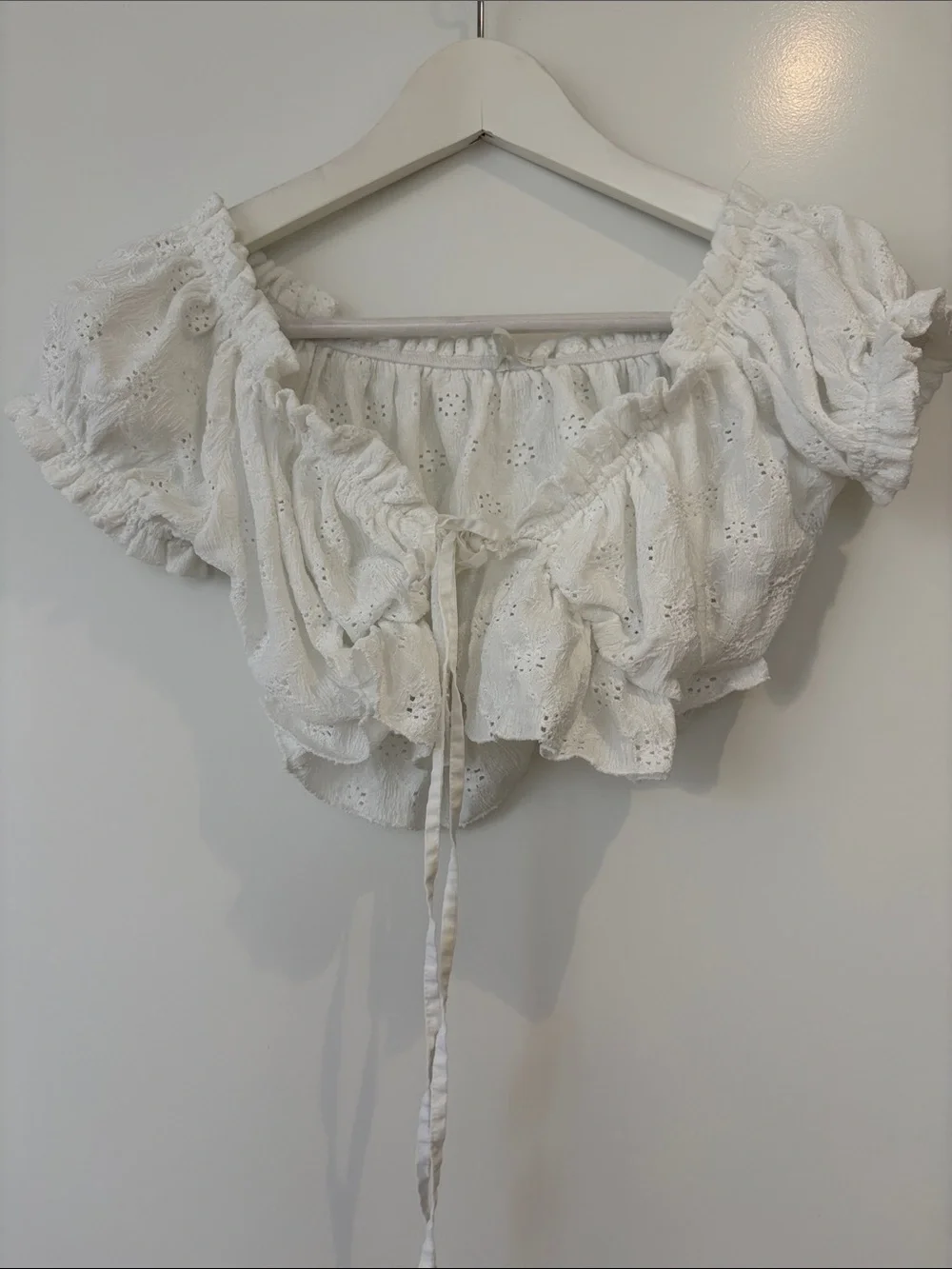 Zara White Eyelet Off-Shoulder Tie-Front Crop Top